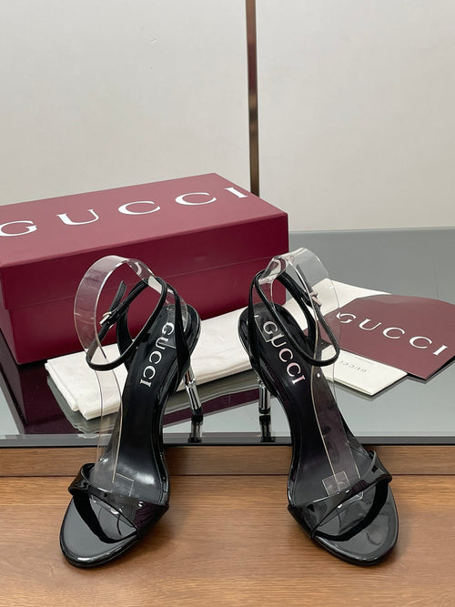 BLACK PATENT STRAPPY HEEL SANDALS WITH METALLIC HEEL