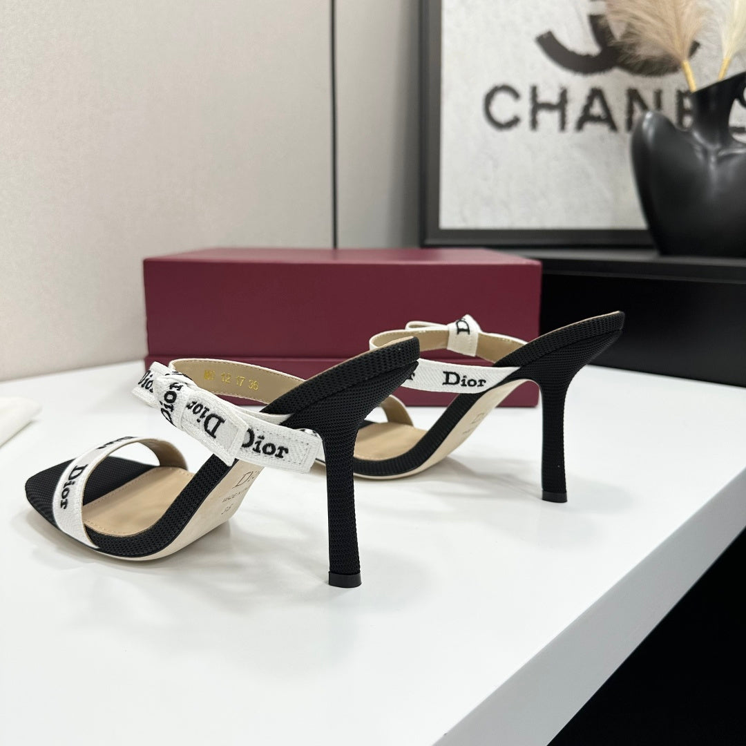 MONOCHROME LOGO STRAP STILETTO SANDALS