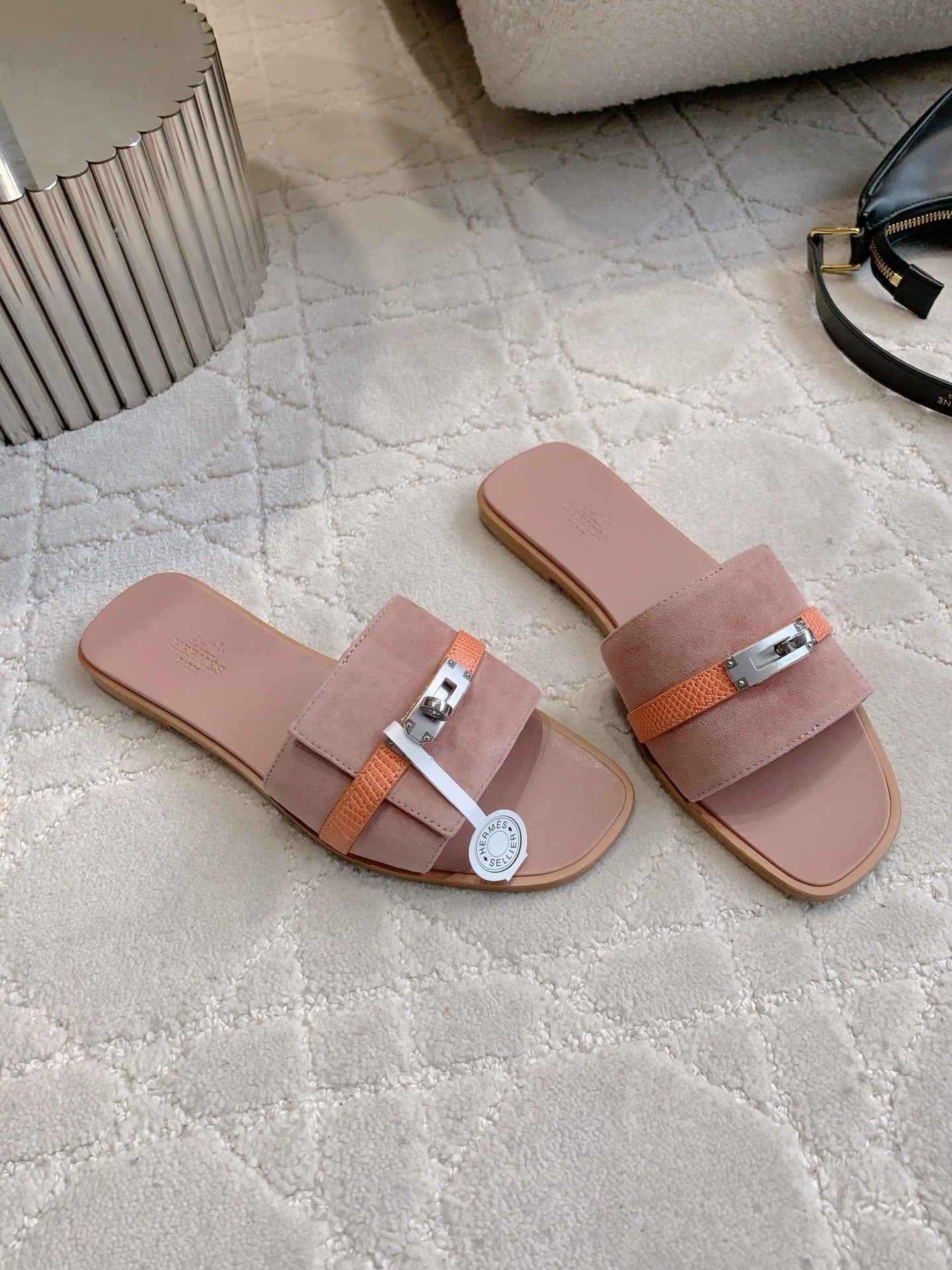 SUEDE STYLE FLAT SLIDES WITH CONTRAST STRAP DETAIL