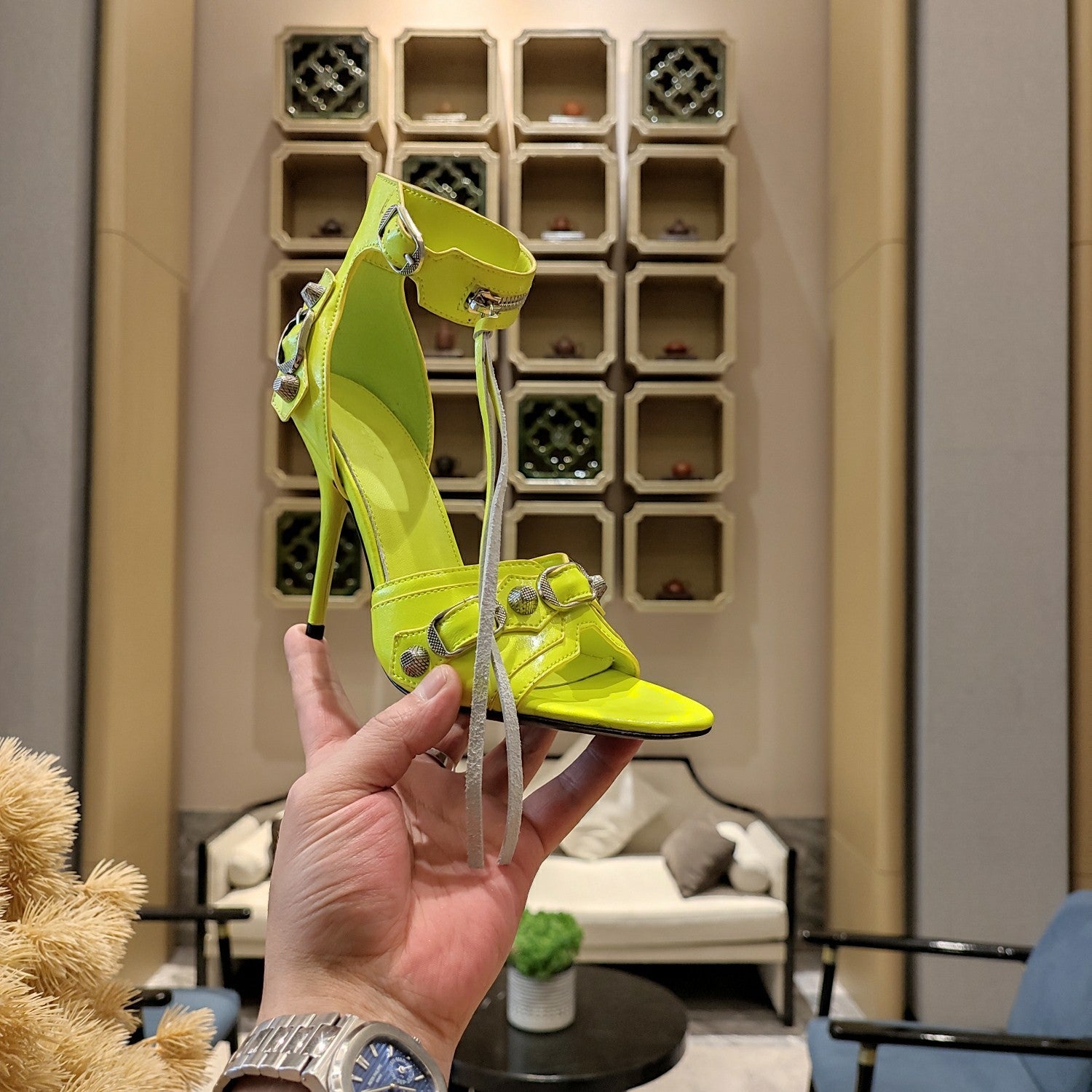 NEON GREEN BUCKLE STRAP HIGH HEEL SANDALS