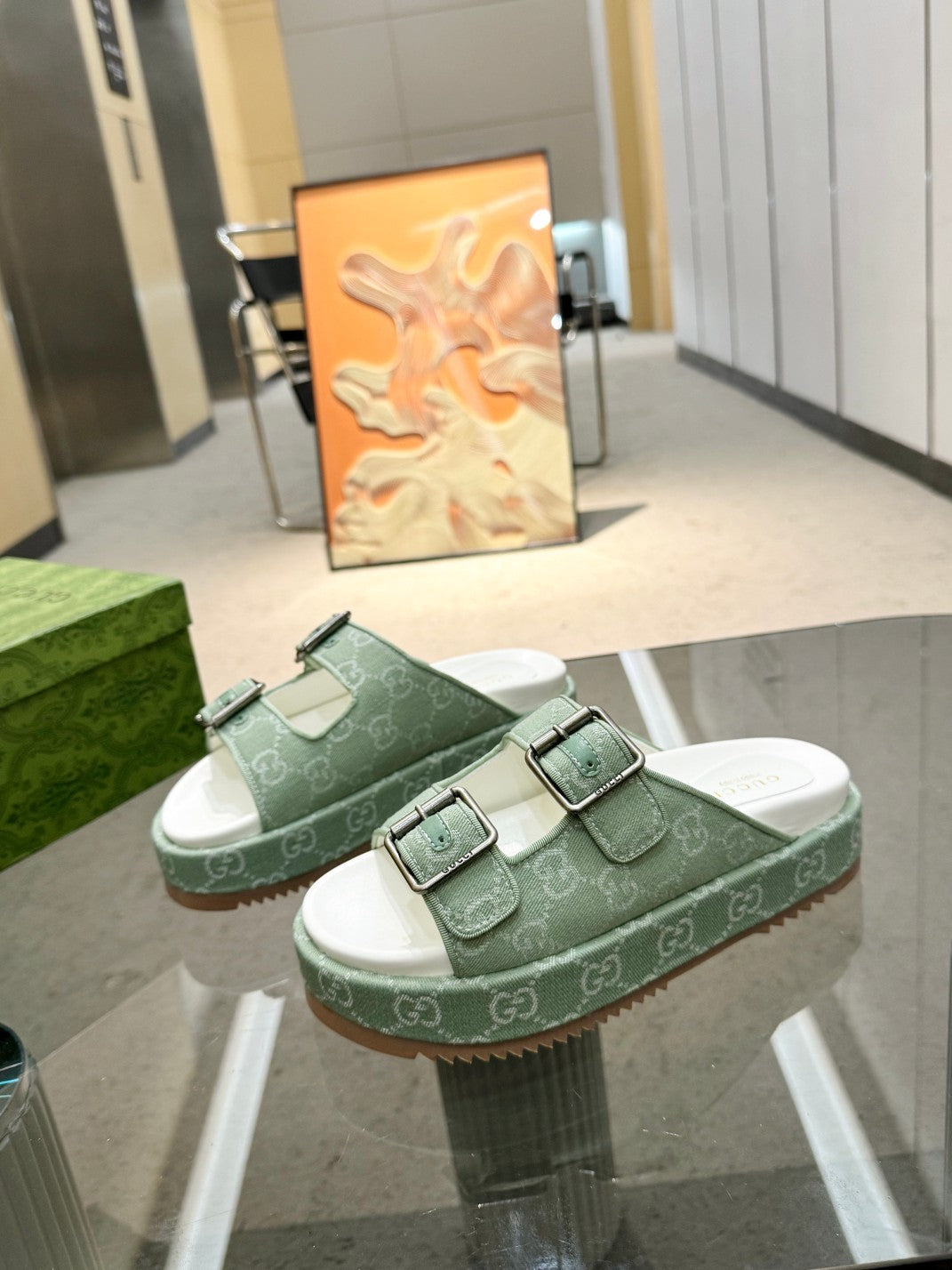 GREEN MONOGRAM DOUBLE-STRAP SANDALS