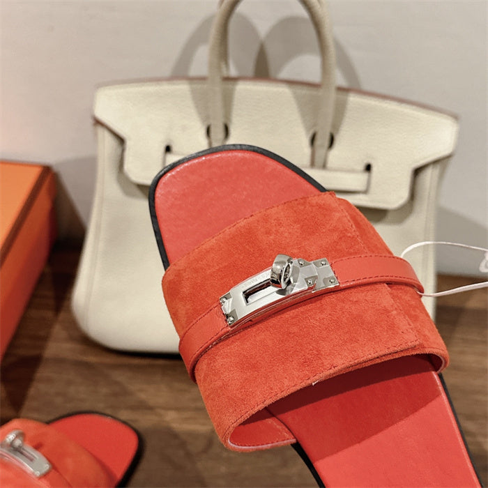CORAL SUEDE BUCKLE SLIDE SANDALS