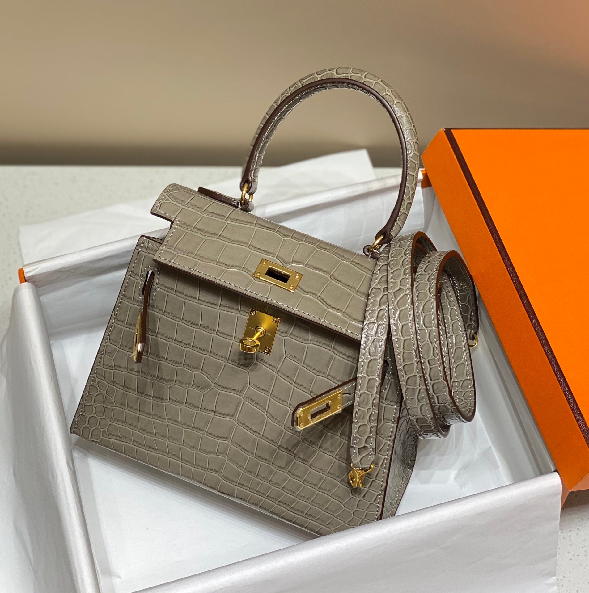 LUXURY TAUPE CROCODILE EMBOSSED MINI TOP HANDLE HANDBAG WITH GOLD HARDWARE