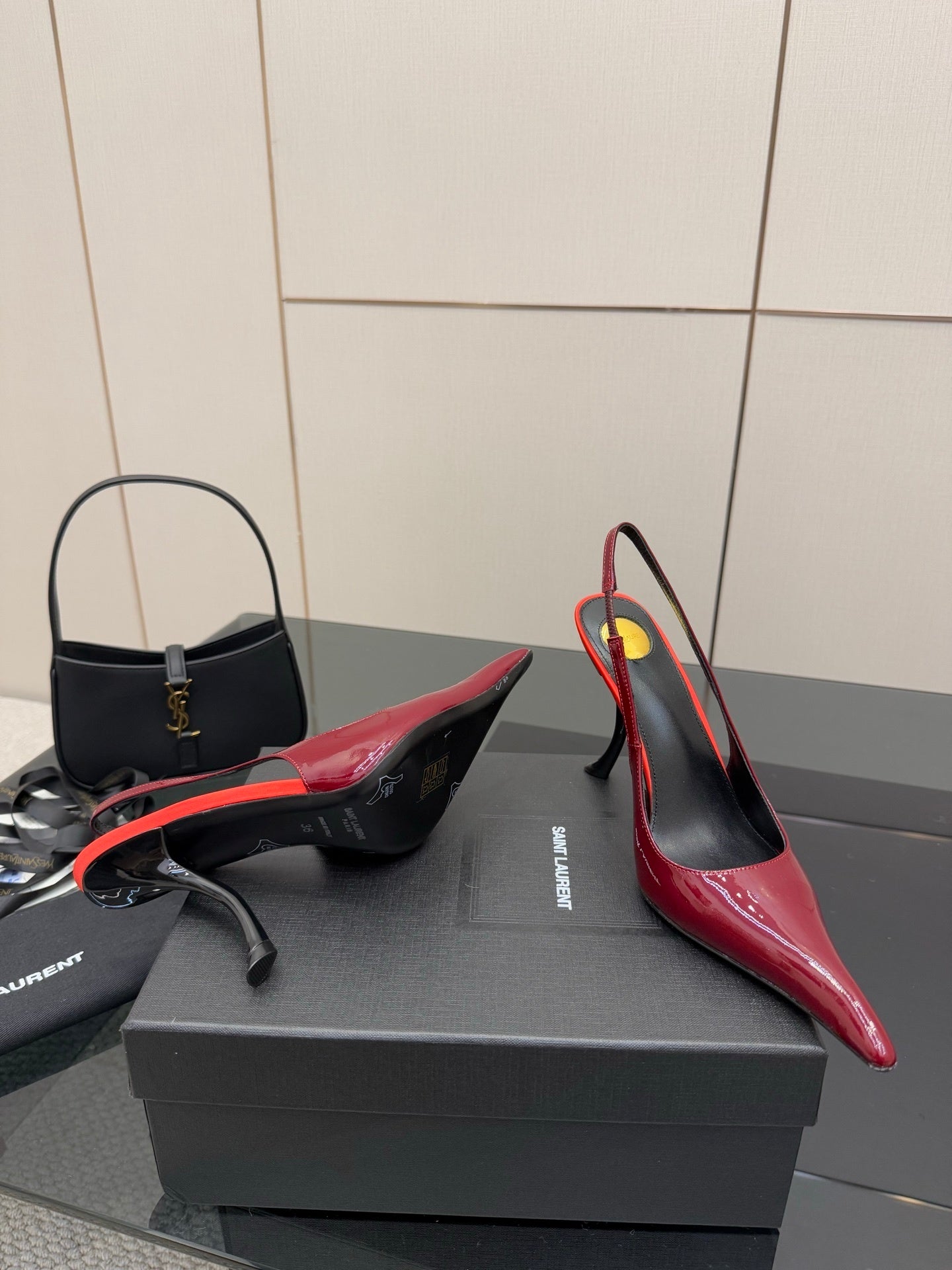 BURGUNDY PATENT SLINGBACK POINTED HEELS