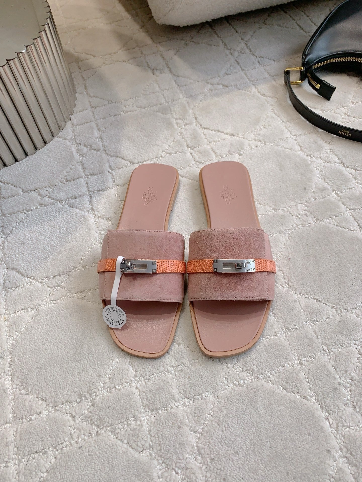 SUEDE STYLE FLAT SLIDES WITH CONTRAST STRAP DETAIL