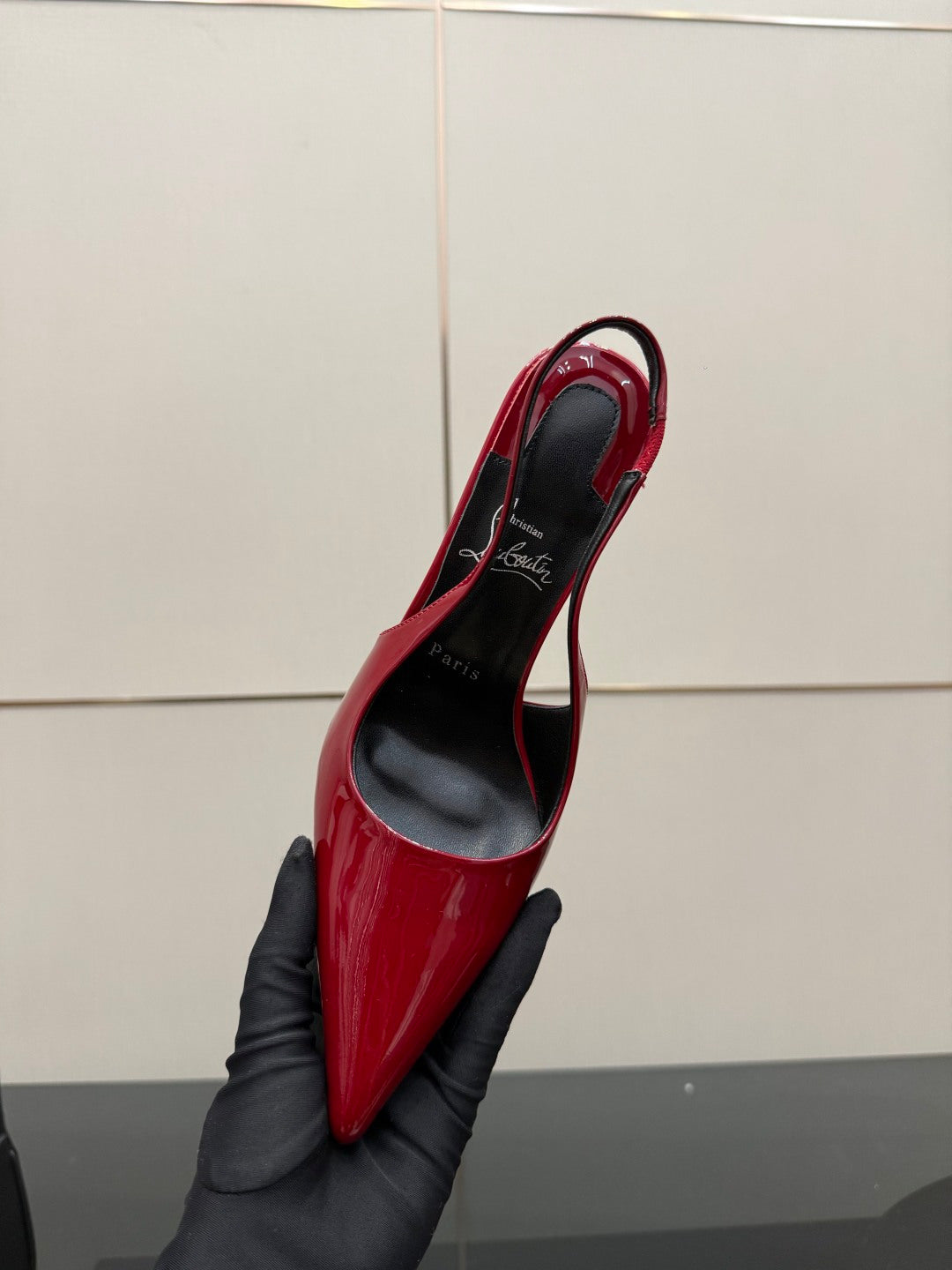 RED PATENT SLINGBACK POINTED HEELS