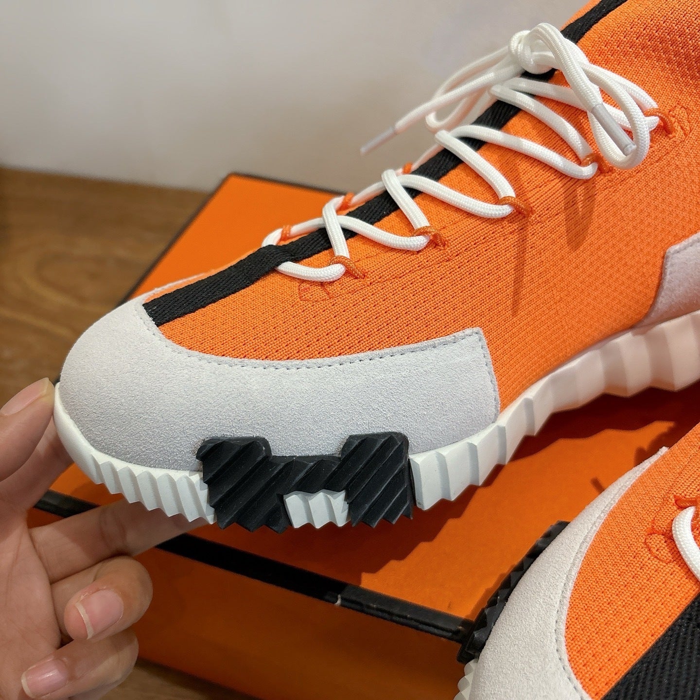 ORANGE TECH-KNIT & SUEDE LOW-TOP SNEAKERS