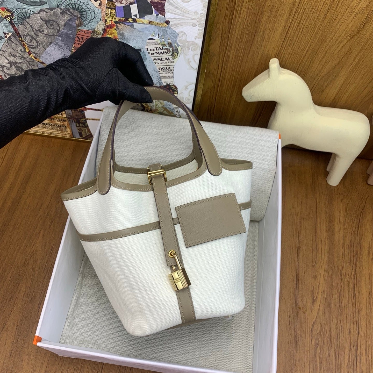LUXURY CANVAS & TAUPE LEATHER MINI PICOTIN STYLE HANDBAG