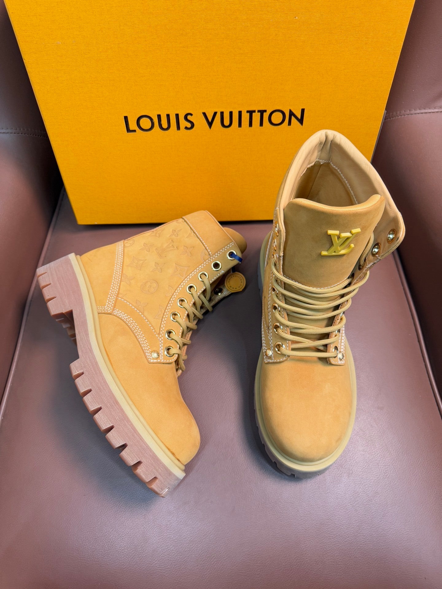 TAN MONOGRAM SUEDE COMBAT BOOTS