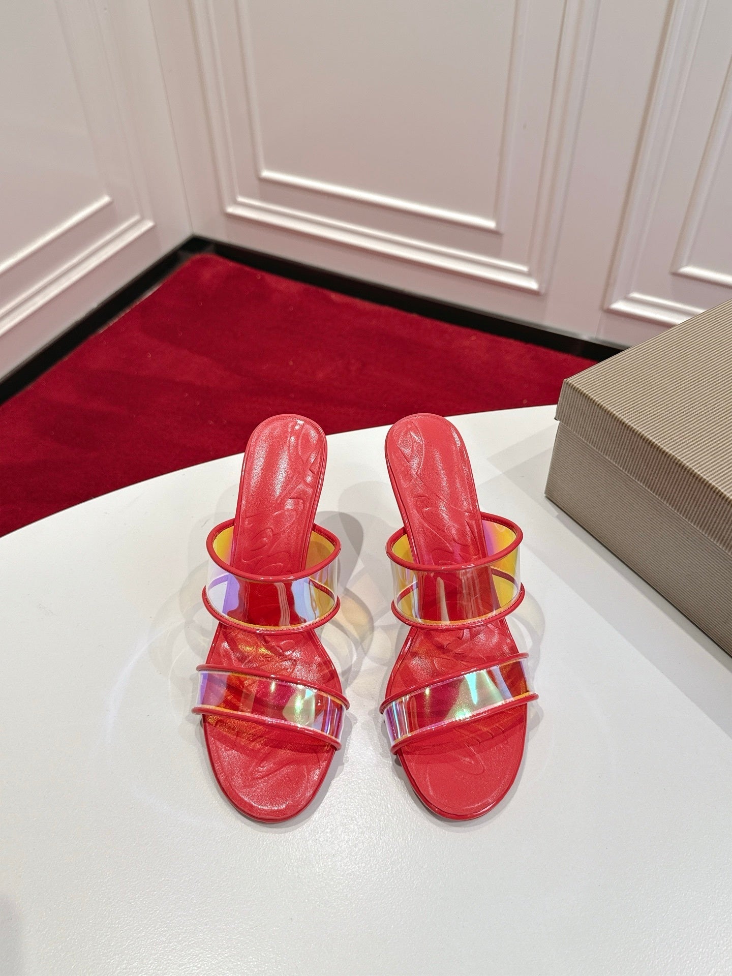 RED TRANSPARENT STRAP MULE HEELS