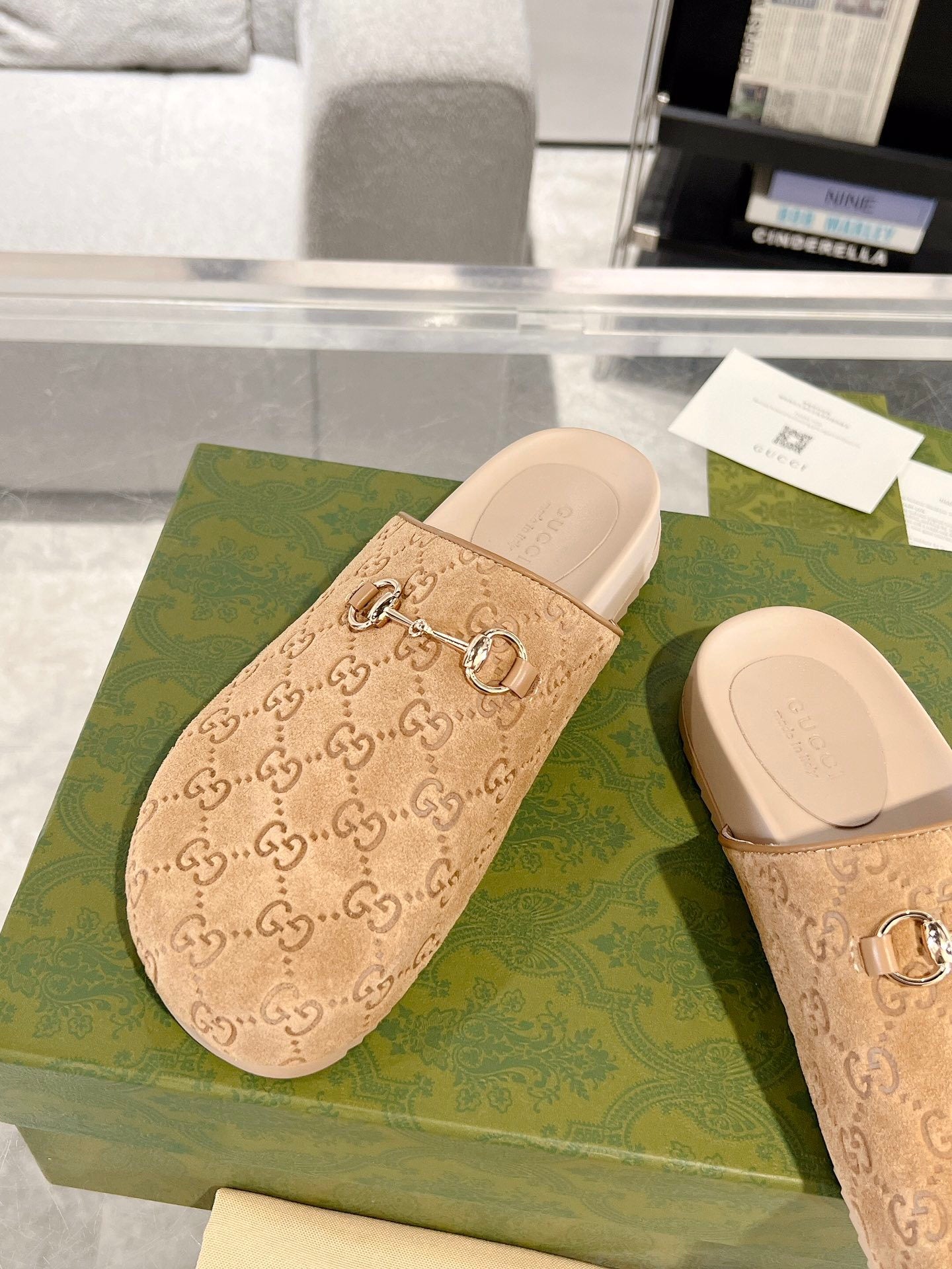 BEIGE EMBOSSED MULE SLIDES