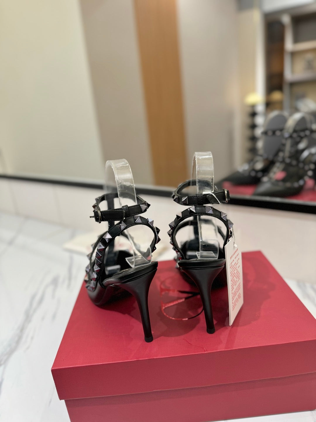 POINTED TOE STRAPPY HEELS – BLACK STUDDED DESIGN