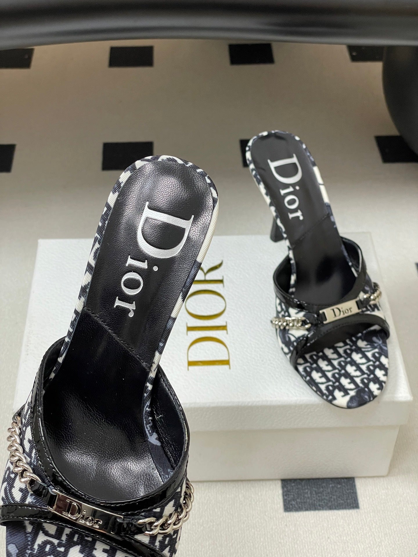MONOGRAM CHAIN DETAIL MULE HEELS