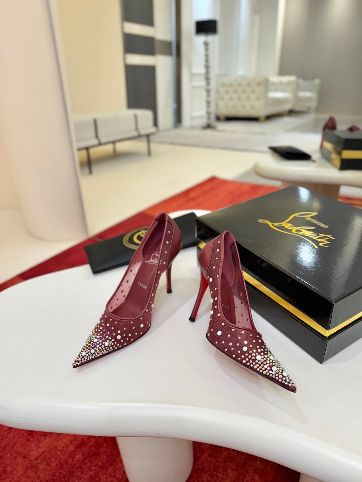 BURGUNDY RHINESTONE MESH PUMPS