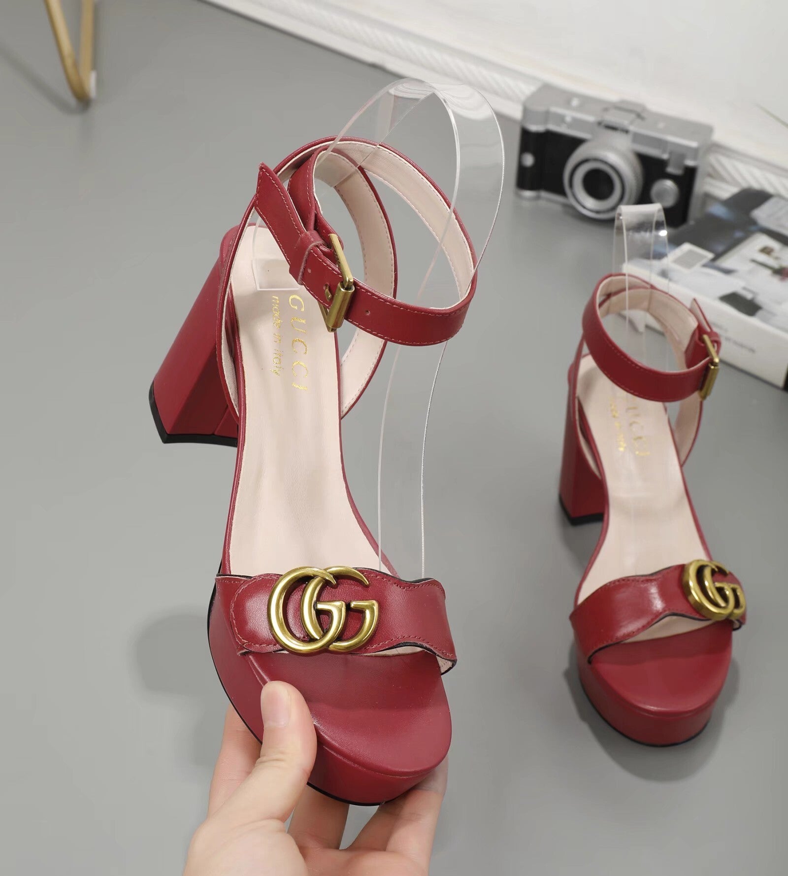 LOGO PLATFORM ANKLE STRAP HEELS