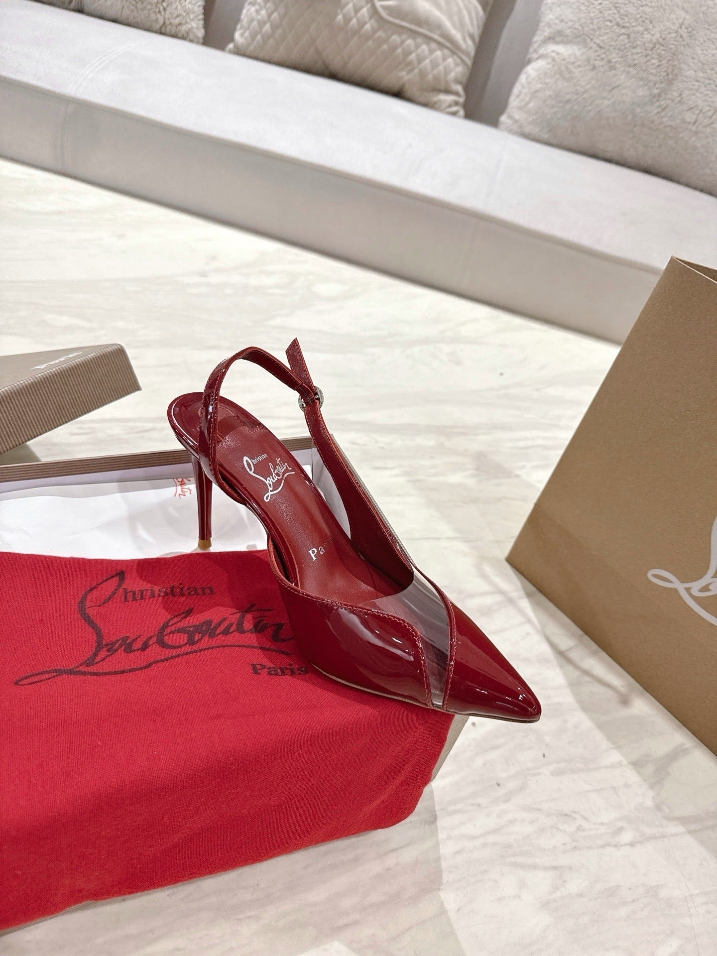 RED PATENT SLINGBACK HEELS WITH PVC DETAIL