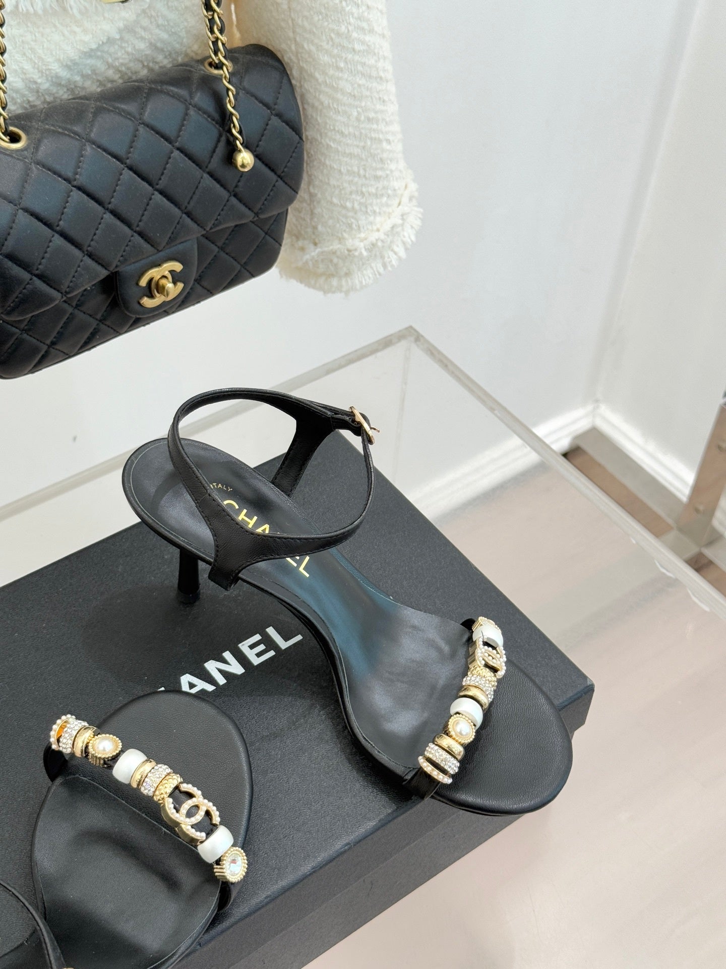 BLACK EMBELLISHED STRAPPY HEEL SANDALS