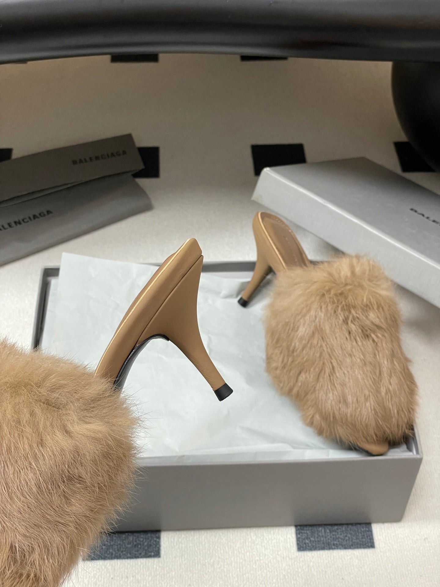 BEIGE FUR STRAP MULE HEELS