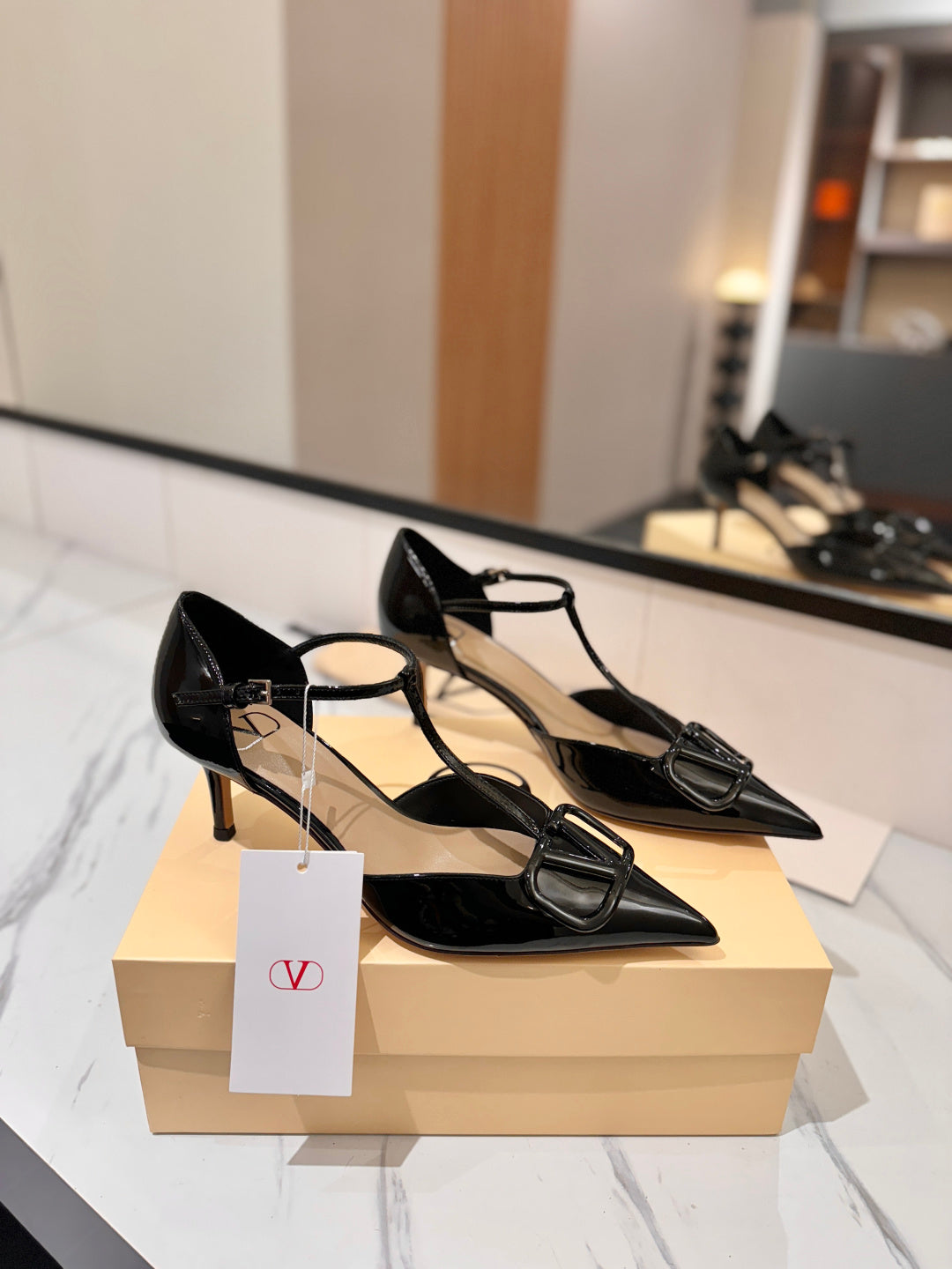 PATENT T-STRAP POINTED HEEL PUMPS – BLACK