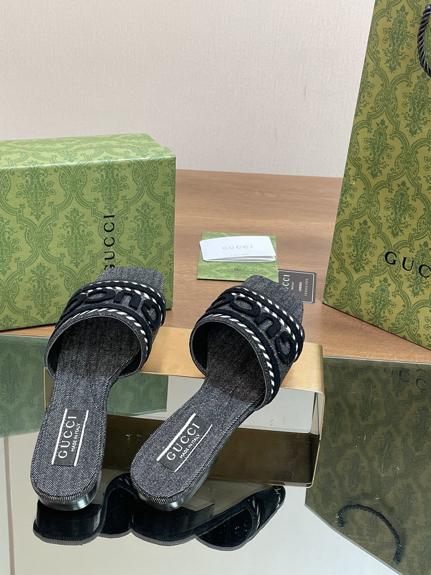 EMBROIDERED DENIM FLAT SLIDE SANDALS – BLACK