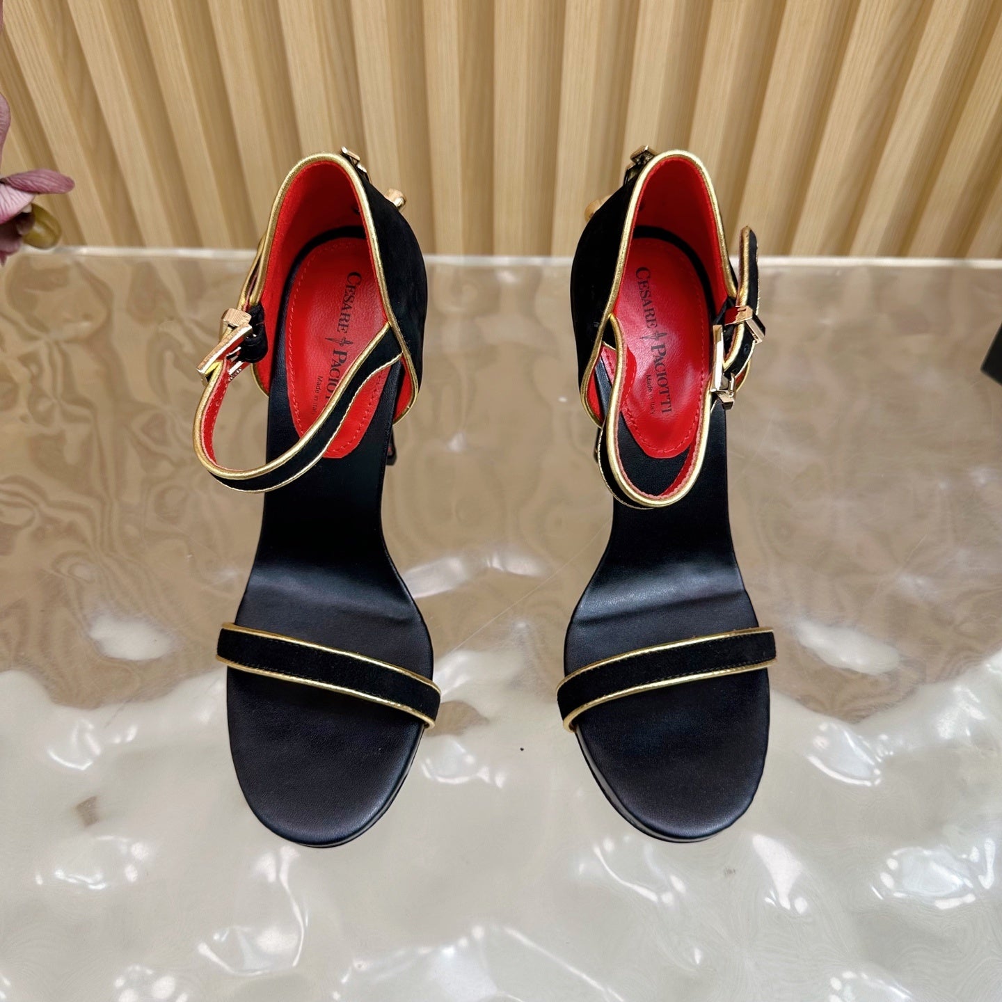 MINIMALIST ANKLE STRAP STILETTO SANDALS – BLACK & GOLD EDITION