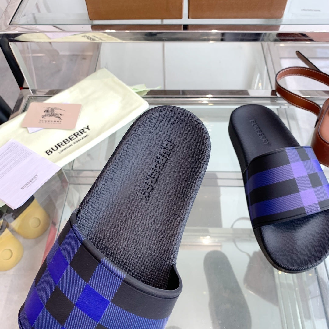 BLACK & PURPLE CHECK PRINT SLIDE SANDALS