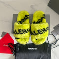 NEON YELLOW FAUX FUR LOGO SLIDE SANDALS