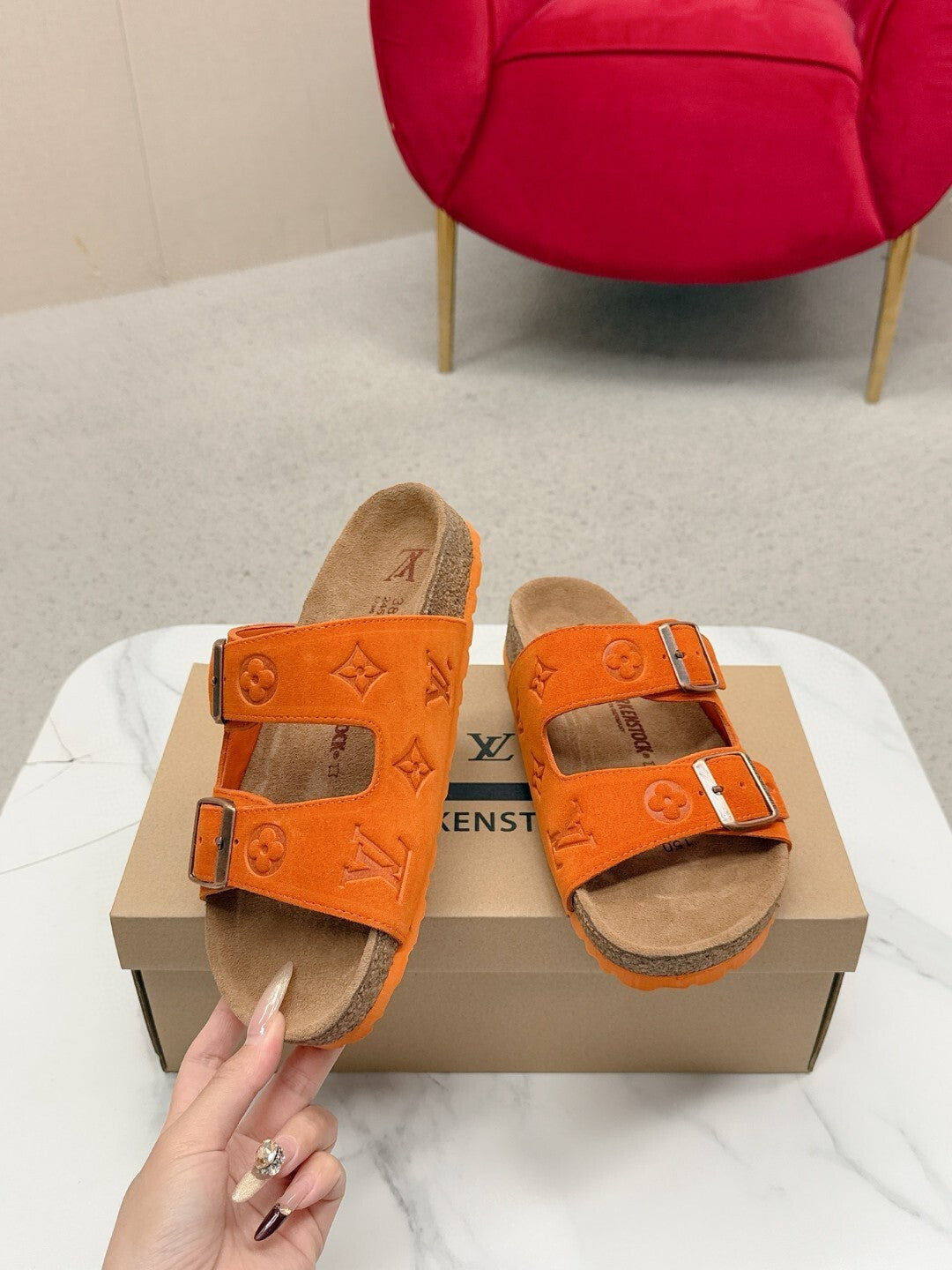 ORANGE DOUBLE-STRAP BUCKLE SLIDE SANDALS