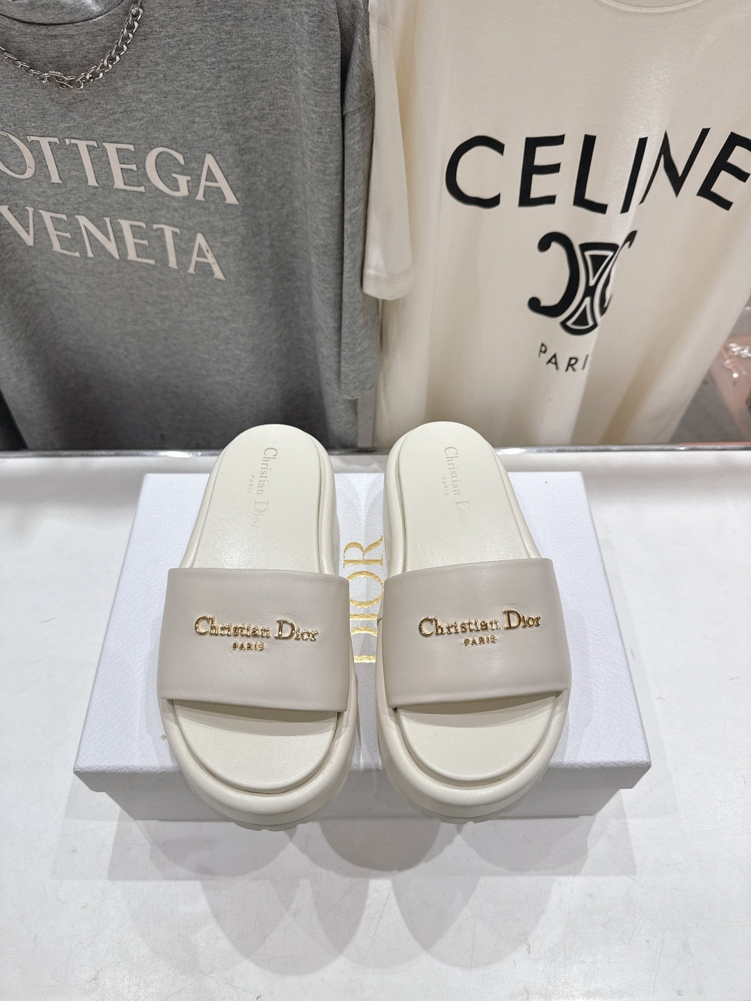 CREAM PLATFORM LOGO SLIDE SANDALS