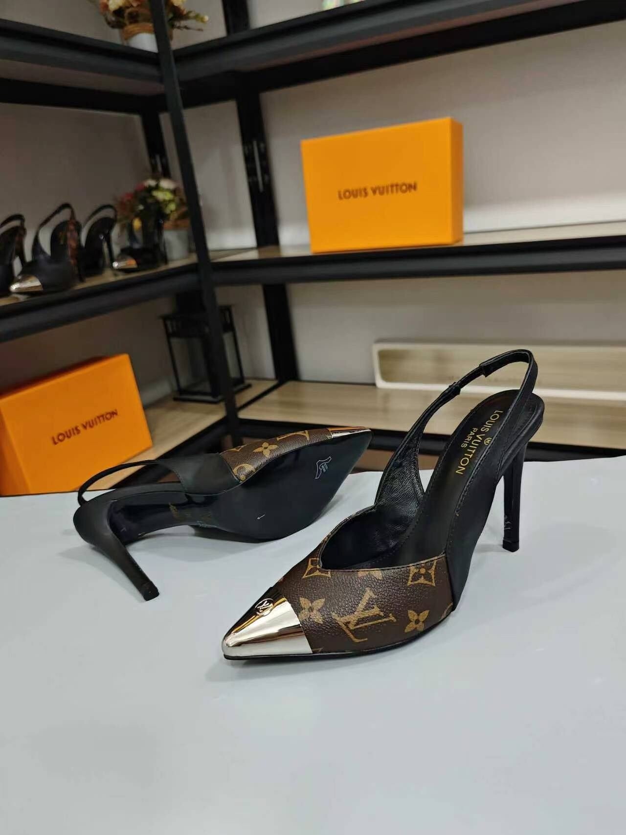 MONOGRAM PRINT SLINGBACK HEELS WITH METAL TOE CAP