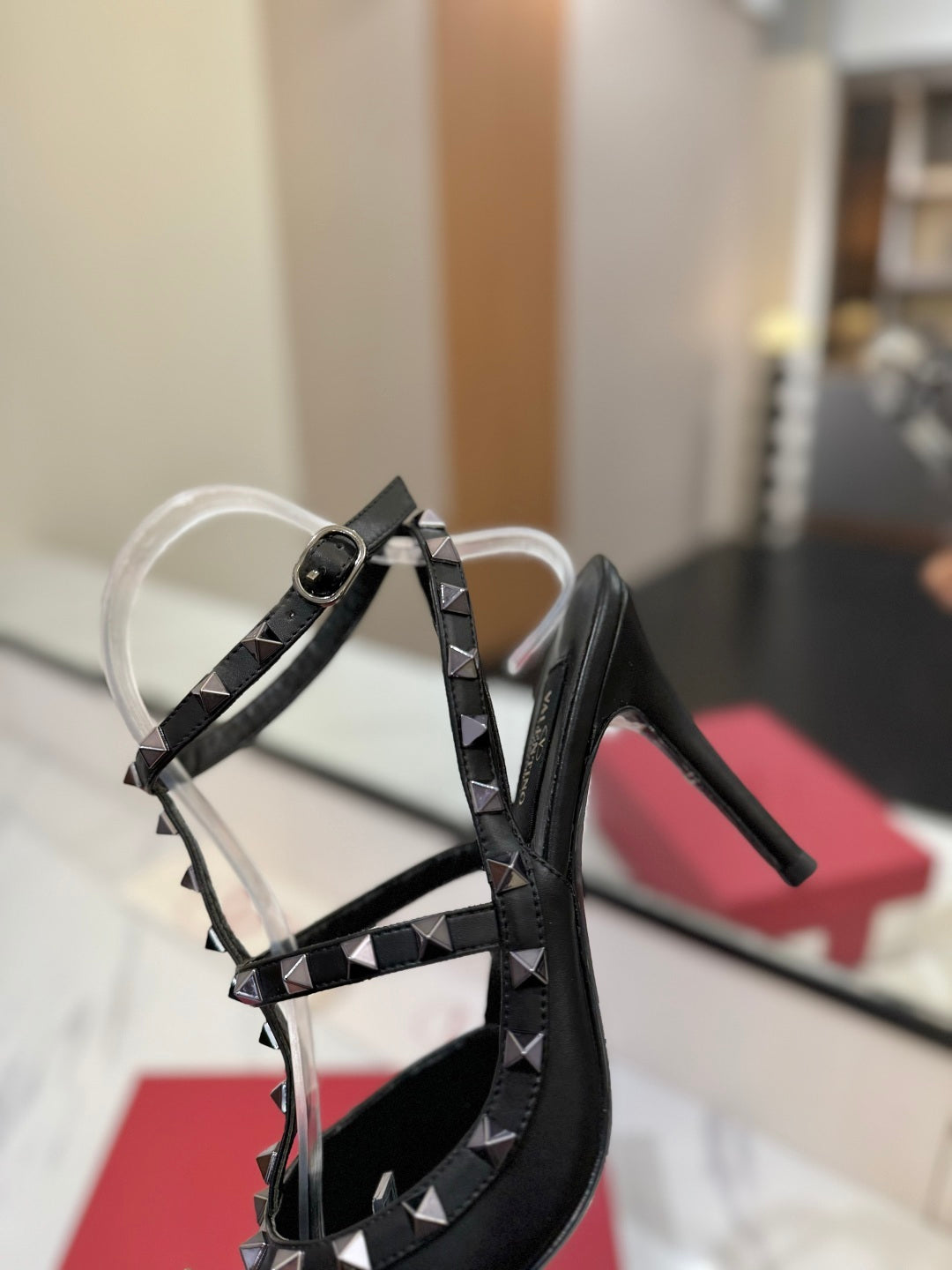 POINTED TOE STRAPPY HEELS – BLACK STUDDED DESIGN