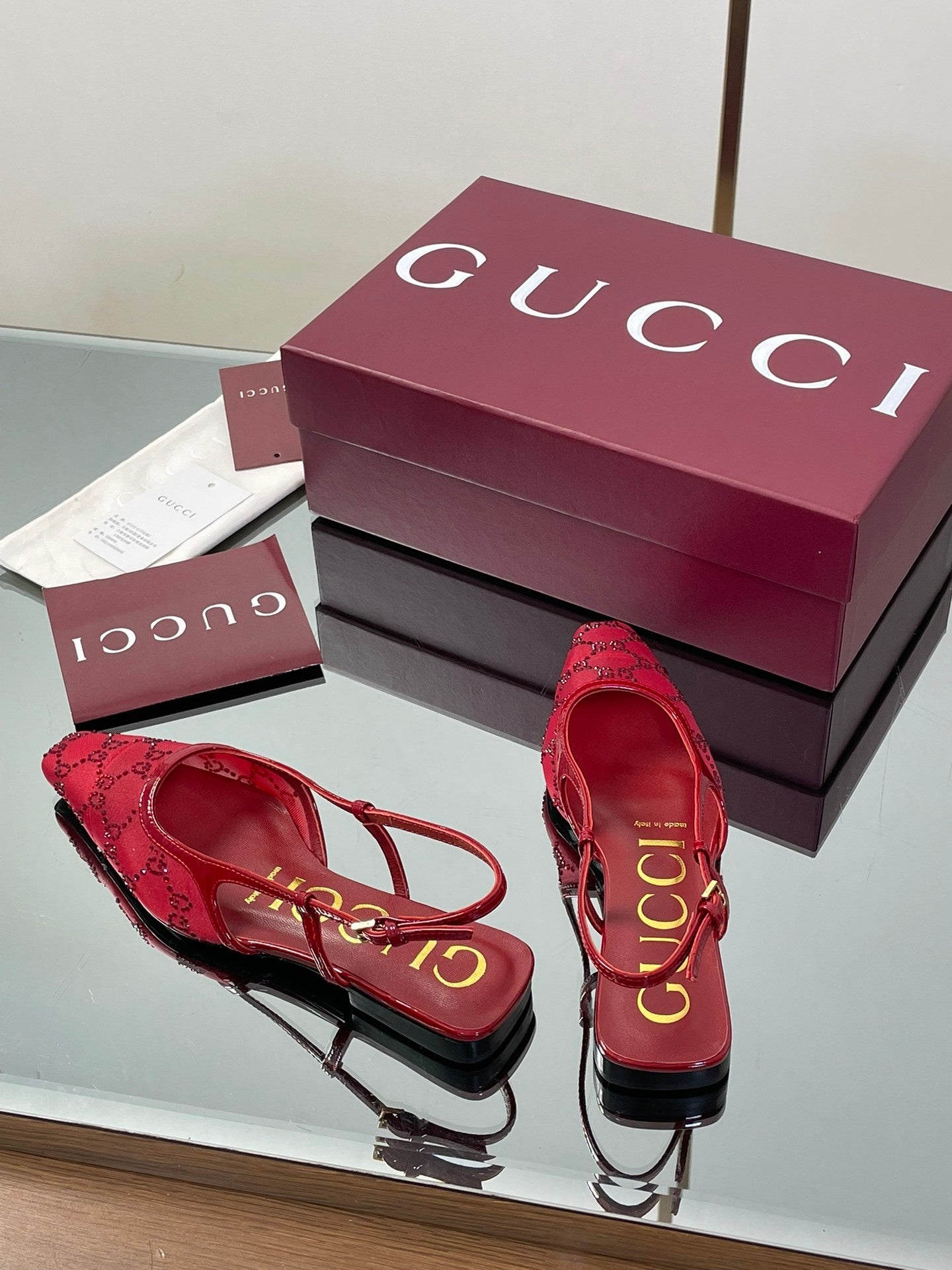 RED EMBELLISHED SLINGBACK FLATS