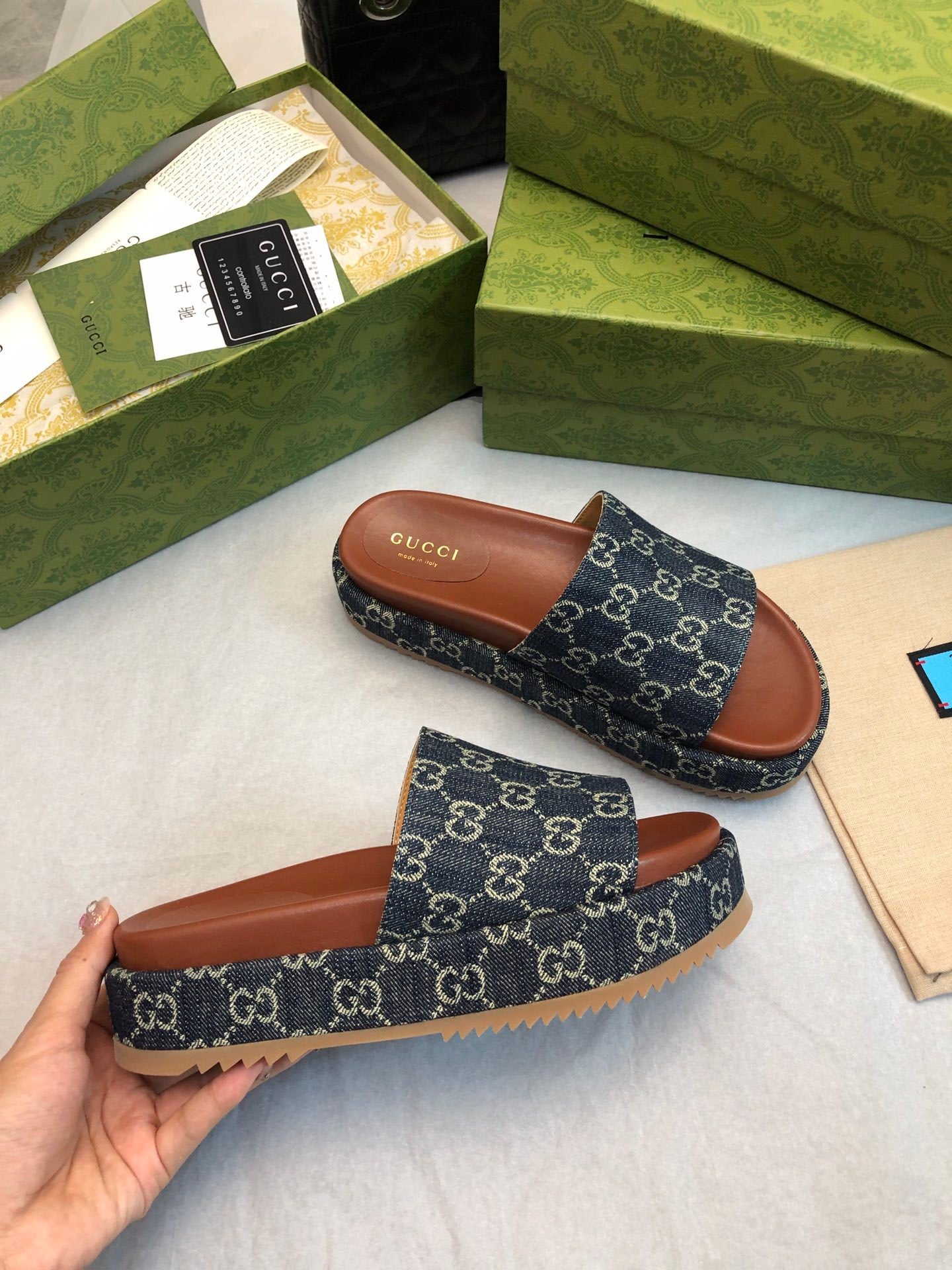 DENIM MONOGRAM PLATFORM SLIDES
