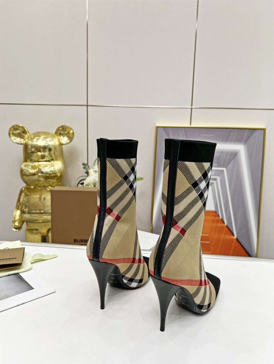 CHECK PATTERN KNIT ANKLE BOOTS WITH STILETTO HEEL