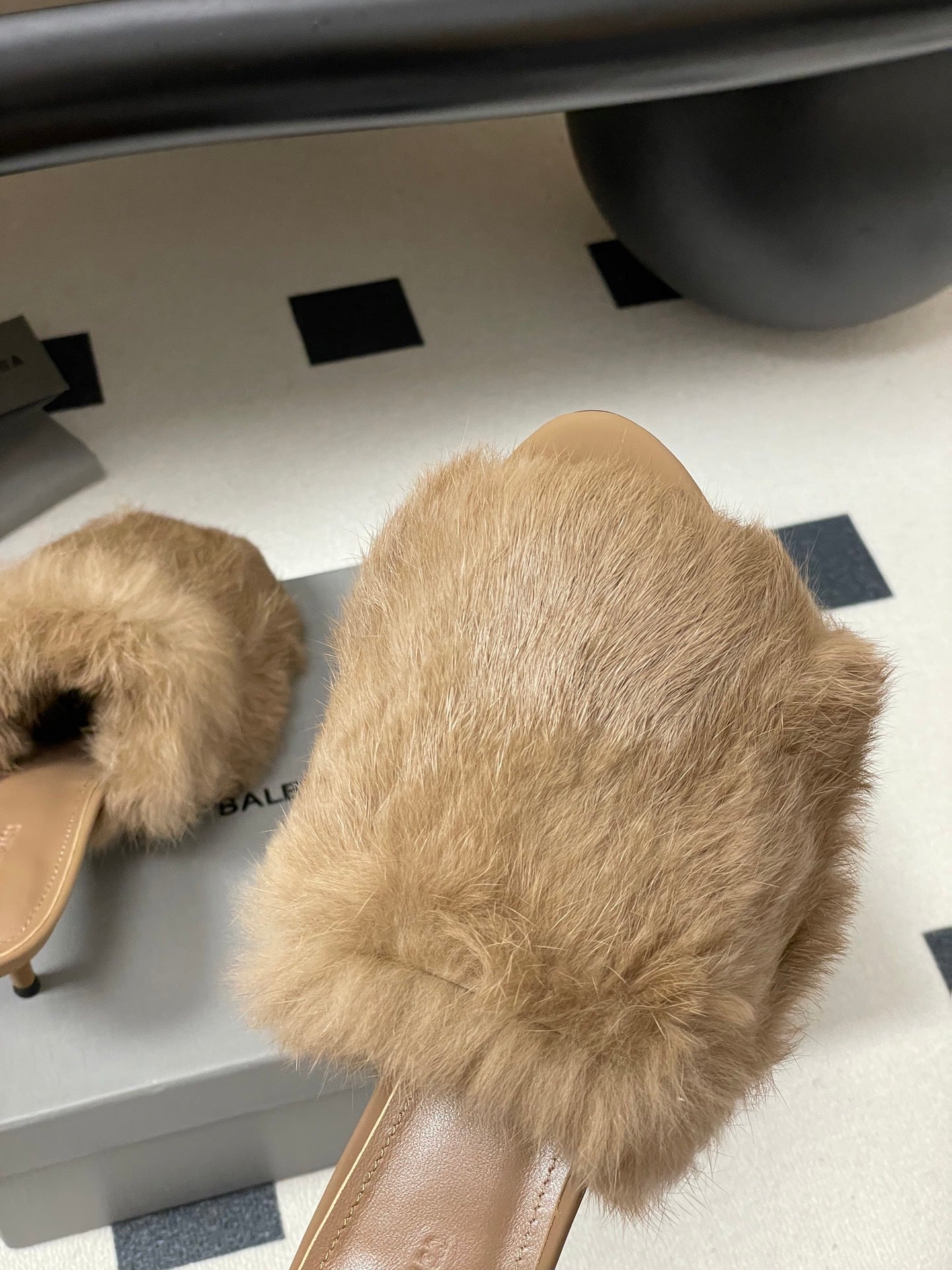BEIGE FUR STRAP MULE HEELS
