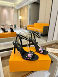 FLORAL MONOGRAM STRAP STILETTO SANDALS – BLACK
