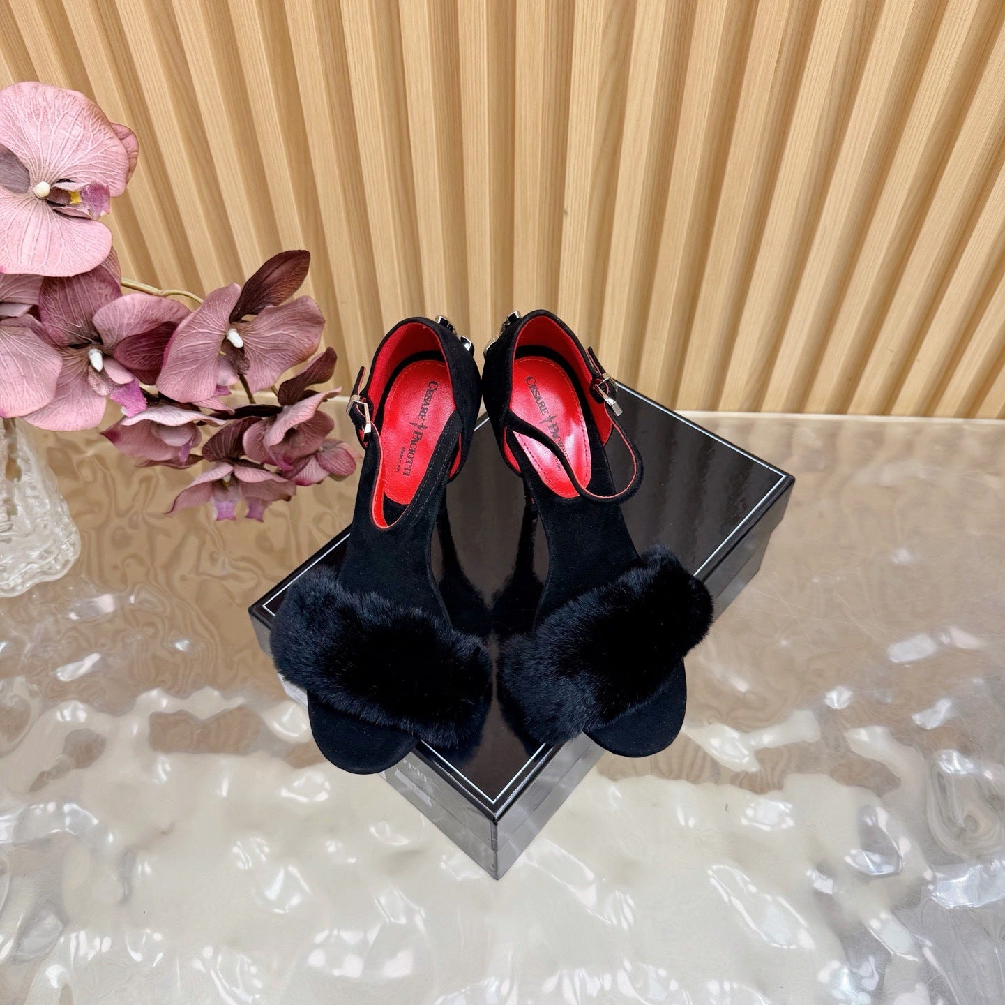 FUR DETAIL STILETTO HEELS – BLACK LUXE EVENING SANDALS