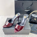 BURGUNDY PATENT OPEN-TOE MULE HEELS