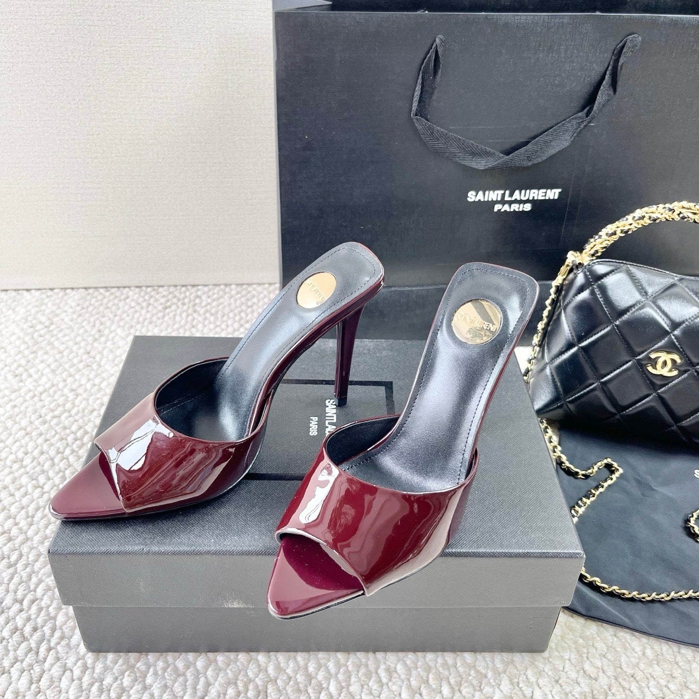 BURGUNDY PATENT OPEN-TOE MULE HEELS