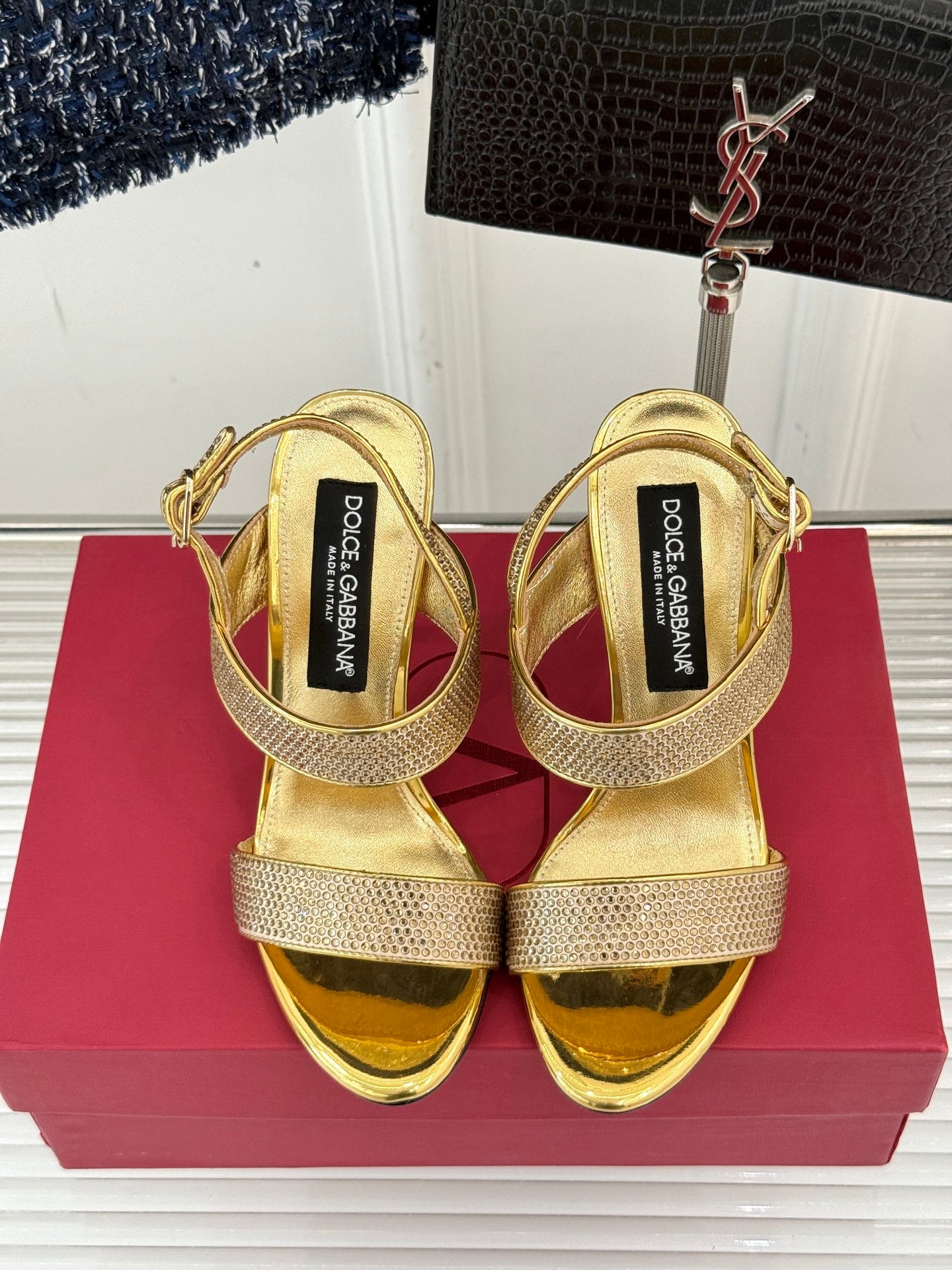 GOLD CRYSTAL-EMBELLISHED STRAPPY STILETTO HEELS