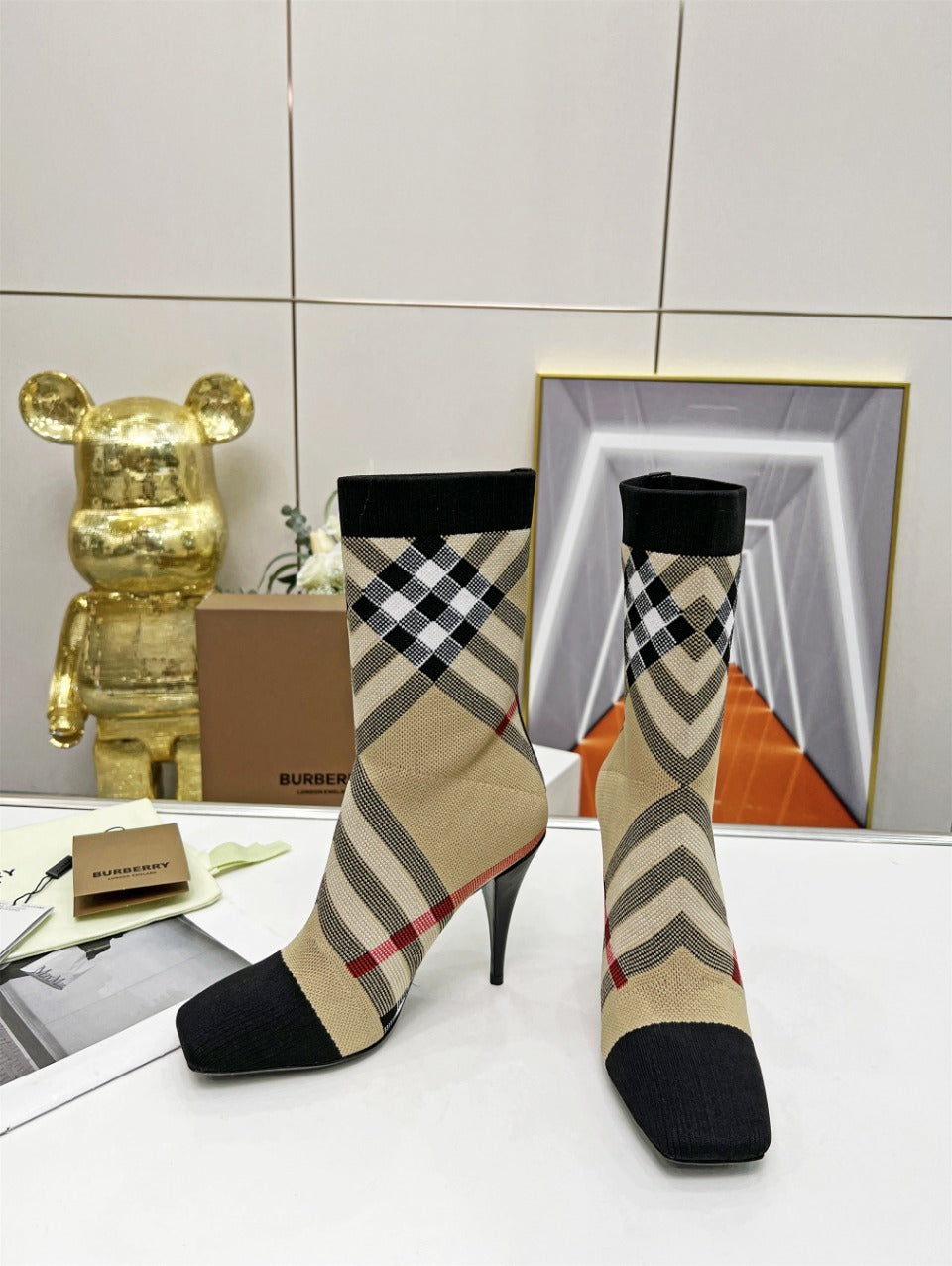 CHECK PATTERN KNIT ANKLE BOOTS WITH STILETTO HEEL
