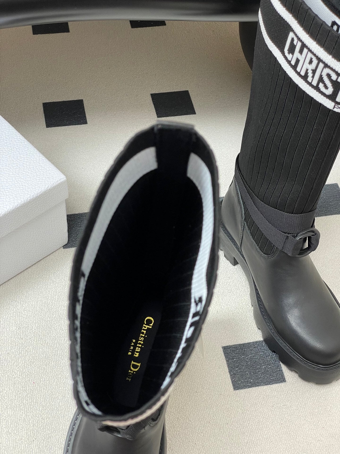 BLACK LEATHER SOCK BOOTS WITH RIBBED KNIT SHAFT AND CHUNKY SOLE