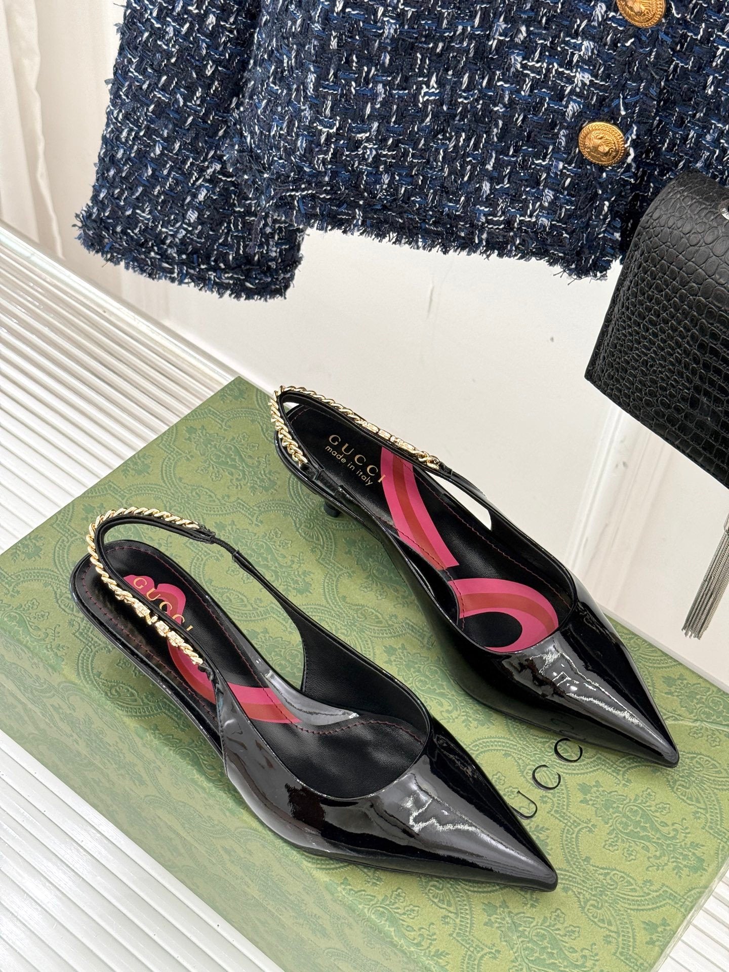 BLACK PATENT CHAIN SLINGBACK HEELS