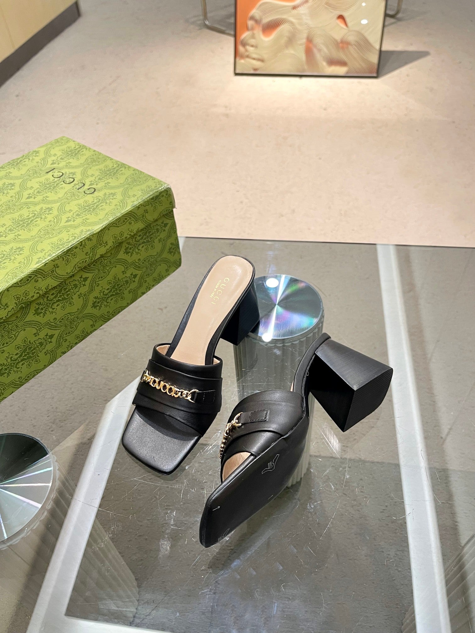 BLACK GOLD CHAIN BLOCK HEEL MULES