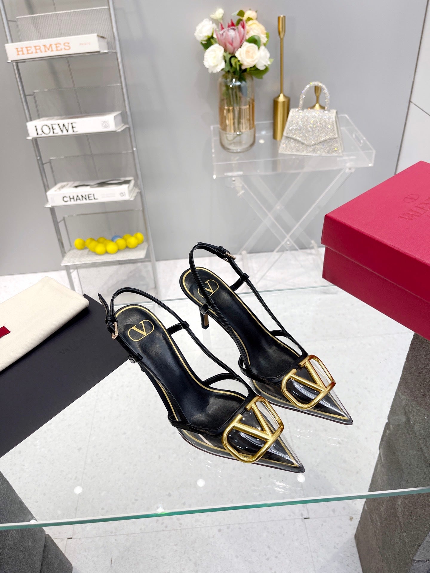 CLEAR SLINGBACK HEELS – CLASSIC BLACK WITH GOLD LOGO DETAIL