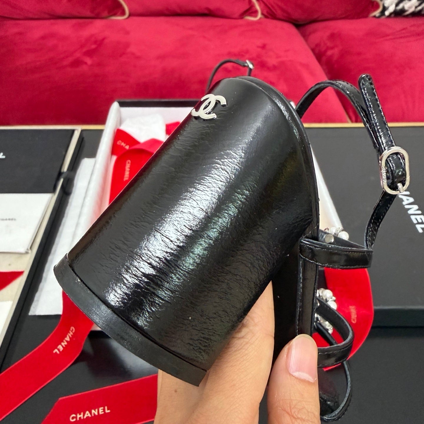 PEARL EMBELLISHED QUILTED STRAP HEELS