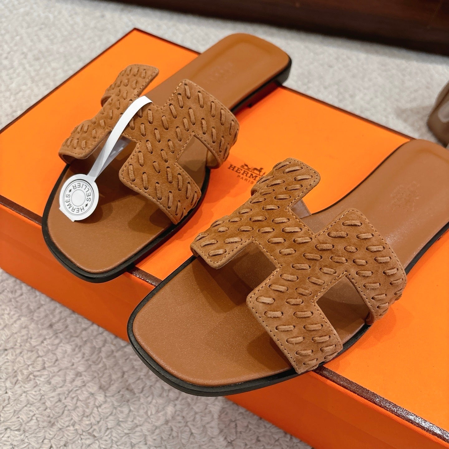 BROWN SUEDE SLIDE SANDALS