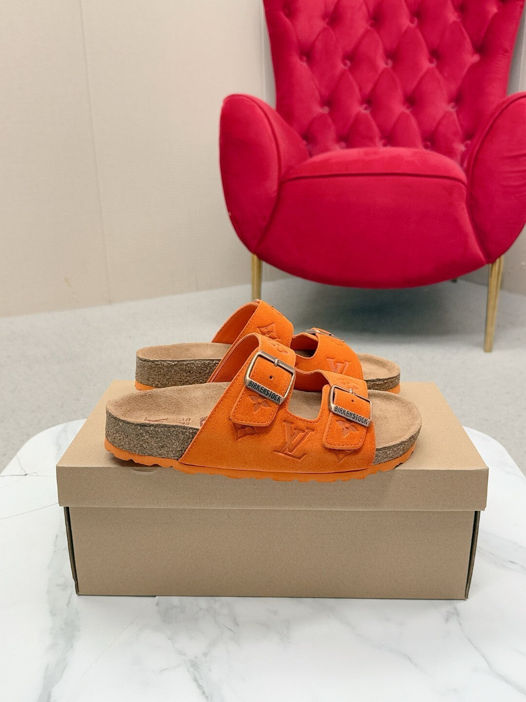 ORANGE DOUBLE-STRAP BUCKLE SLIDE SANDALS