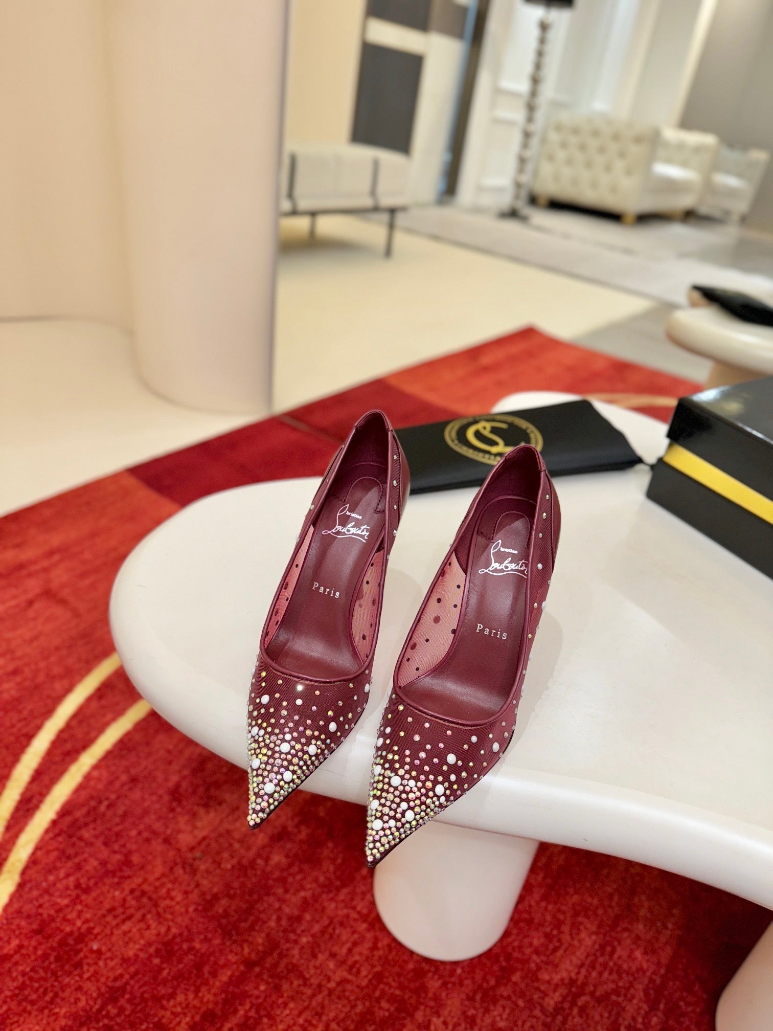 BURGUNDY RHINESTONE MESH PUMPS