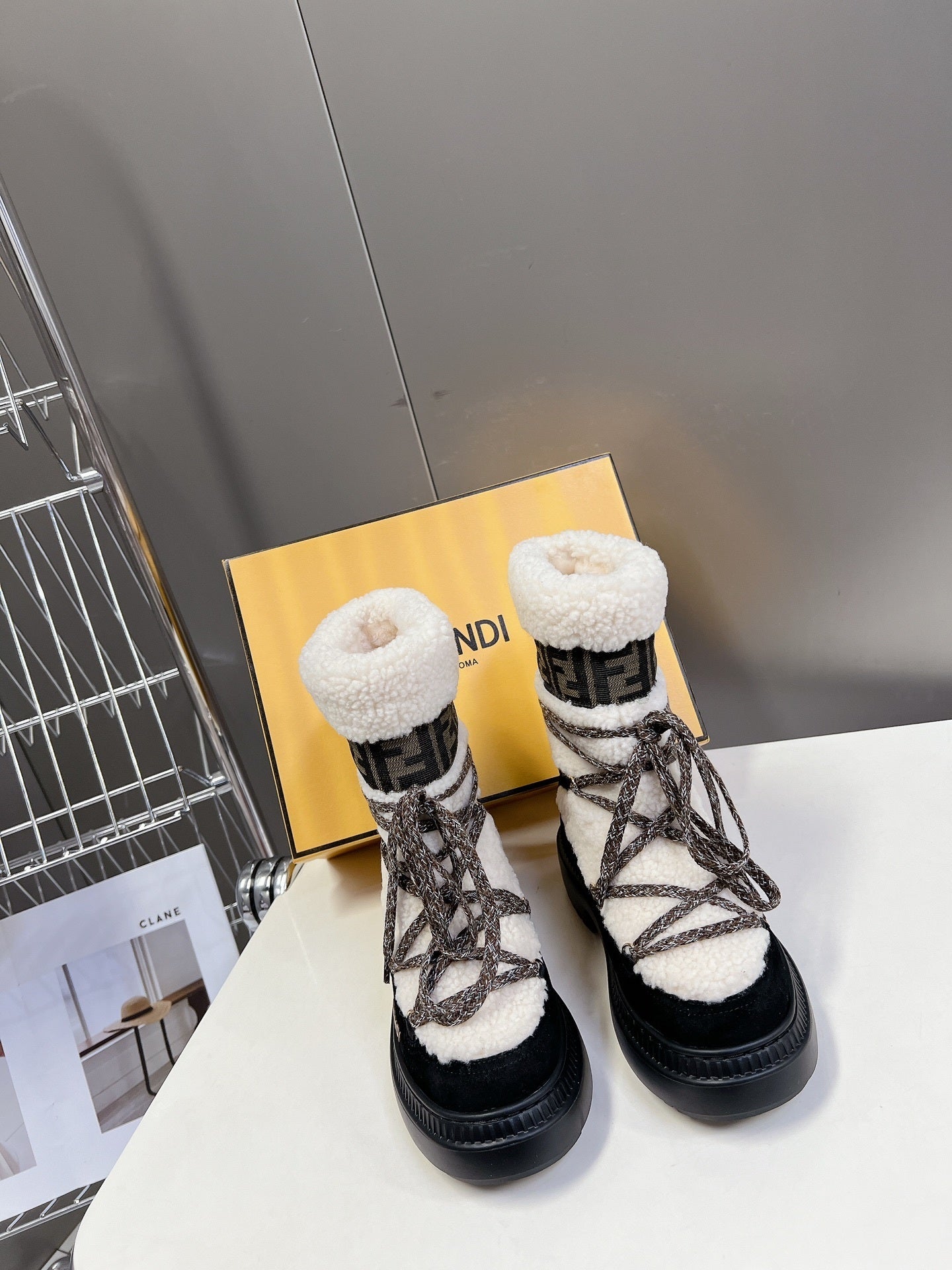 IVORY SHERPA-LINED LACE-UP WINTER BOOTS